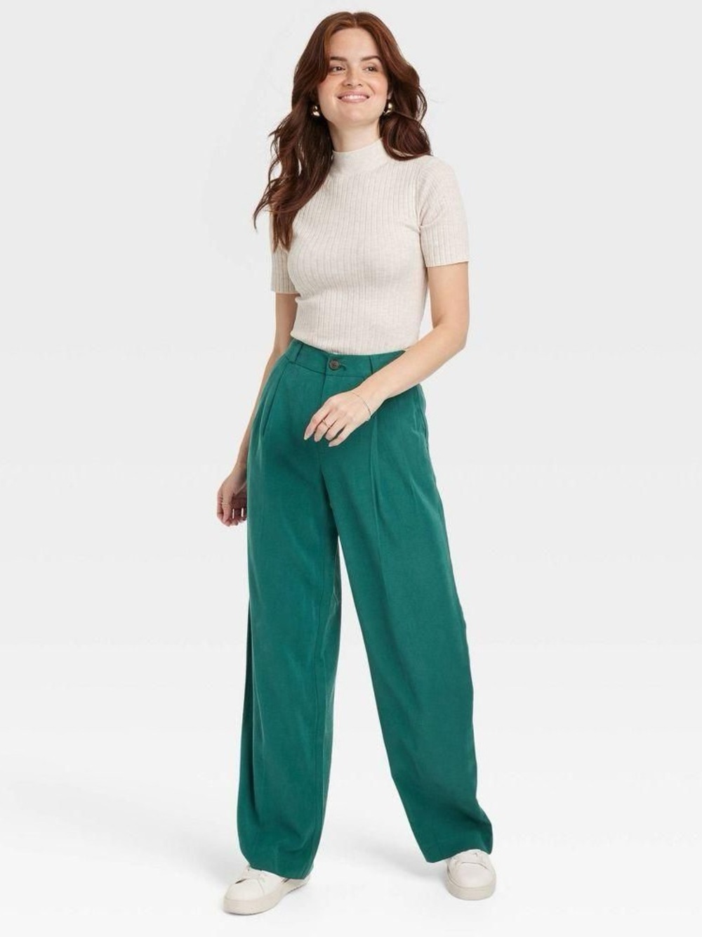 Women's High-Waisted Wide Leg Trousers in Emerald Green, Size 17
